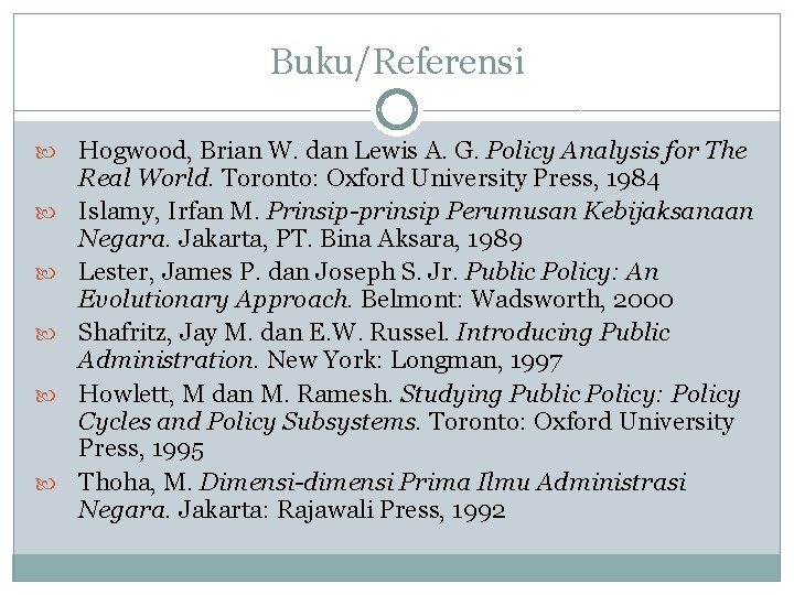 Buku/Referensi Hogwood, Brian W. dan Lewis A. G. Policy Analysis for The Real World.