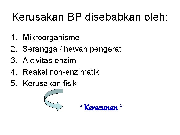 Kerusakan BP disebabkan oleh: 1. 2. 3. 4. 5. Mikroorganisme Serangga / hewan pengerat