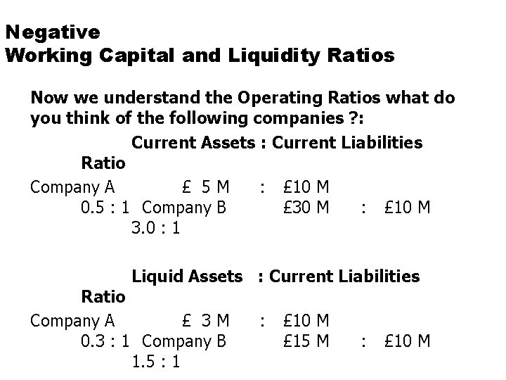 Negative Working Capital and Liquidity Ratios Now we understand the Operating Ratios what do