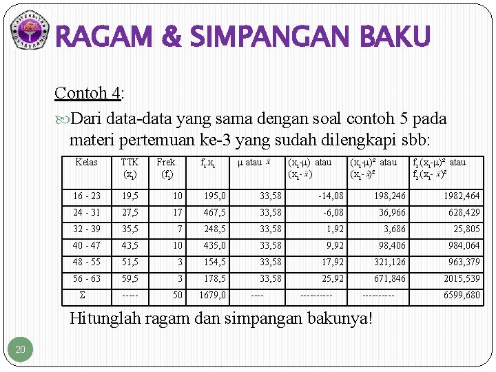 RAGAM & SIMPANGAN BAKU Contoh 4: Dari data-data yang sama dengan soal contoh 5