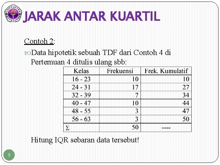 JARAK ANTAR KUARTIL Contoh 2: Data hipotetik sebuah TDF dari Contoh 4 di Pertemuan