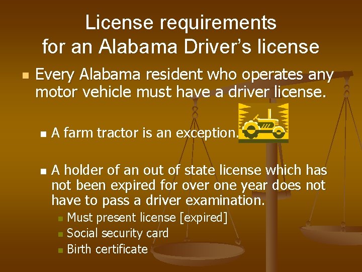 License requirements for an Alabama Driver’s license n Every Alabama resident who operates any License requirements for an Alabama Driver’s license n Every Alabama resident who operates any