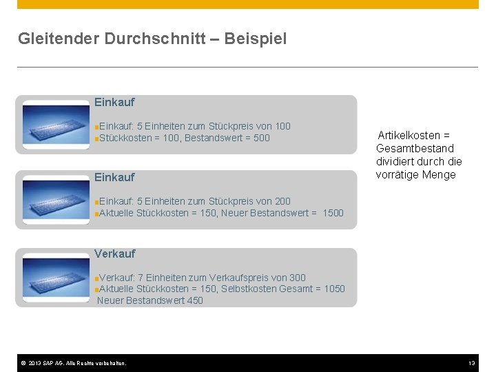 Gleitender Durchschnitt – Beispiel Einkauf ■Einkauf: 5 Einheiten zum Stückpreis von 100 ■Stückkosten =