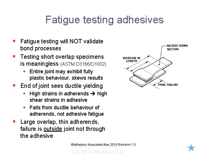 Fatigue testing adhesives § Fatigue testing will NOT validate bond processes § Testing short