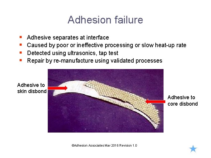 Adhesion failure § § Adhesive separates at interface Caused by poor or ineffective processing