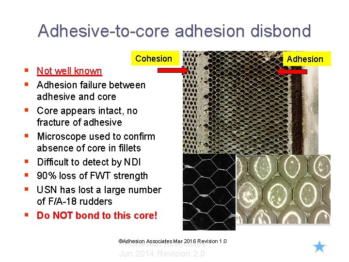 Adhesive-to-core adhesion disbond Cohesion § Not well known § Adhesion failure between § §