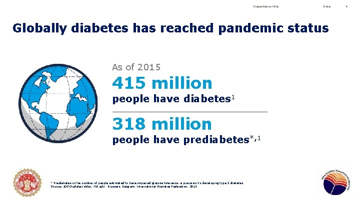 Presentation title Date Globally diabetes has reached pandemic status As of 2015 415 million