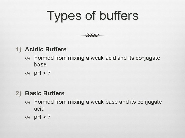 Types of buffers 1) Acidic Buffers Formed from mixing a weak acid and its