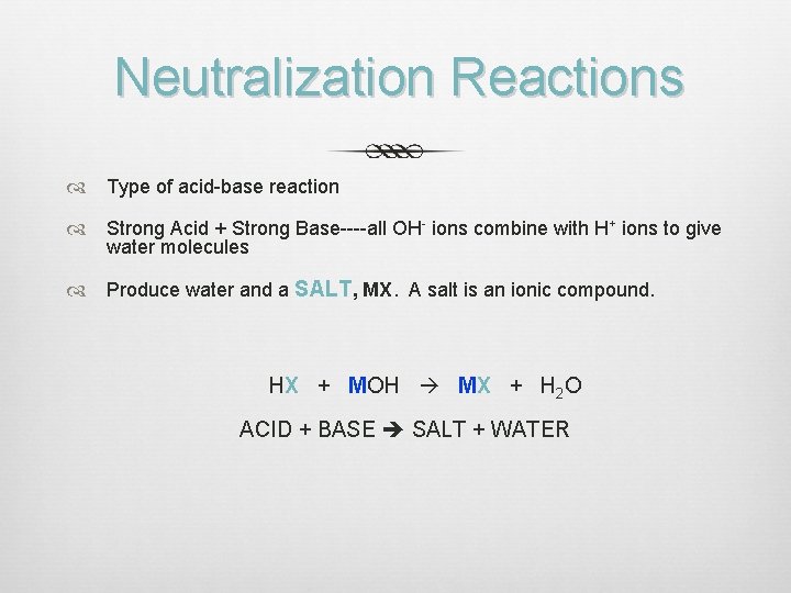 Neutralization Reactions Type of acid-base reaction Strong Acid + Strong Base----all OH- ions combine