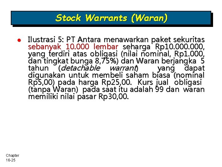 Stock Warrants (Waran) l Chapter 16 -25 Ilustrasi 5: PT Antara menawarkan paket sekuritas