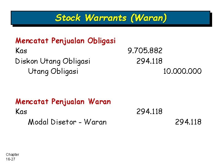 Stock Warrants (Waran) Mencatat Penjualan Obligasi Kas Diskon Utang Obligasi Mencatat Penjualan Waran Kas