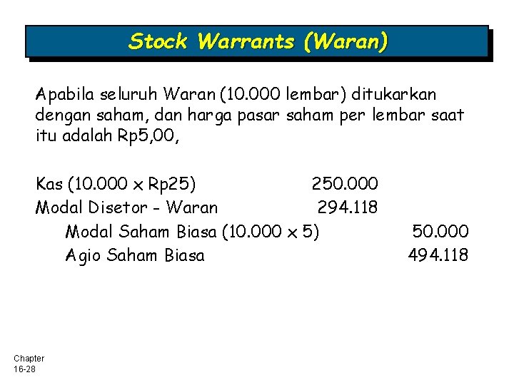 Stock Warrants (Waran) Apabila seluruh Waran (10. 000 lembar) ditukarkan dengan saham, dan harga