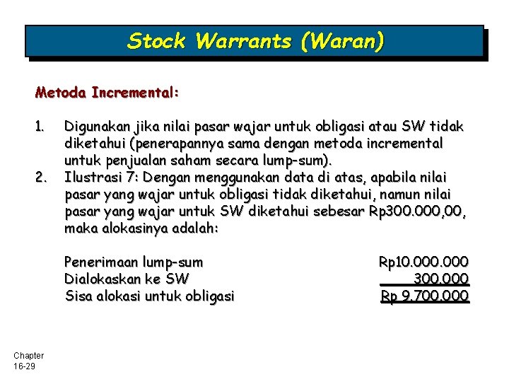 Stock Warrants (Waran) Metoda Incremental: 1. 2. Digunakan jika nilai pasar wajar untuk obligasi