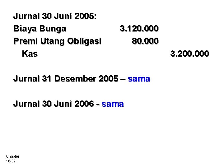 Jurnal 30 Juni 2005: Biaya Bunga Premi Utang Obligasi Kas 3. 120. 000 80.