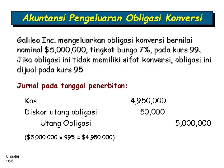 Akuntansi Pengeluaran Obligasi Konversi Galileo Inc. mengeluarkan obligasi konversi bernilai nominal $5, 000, tingkat