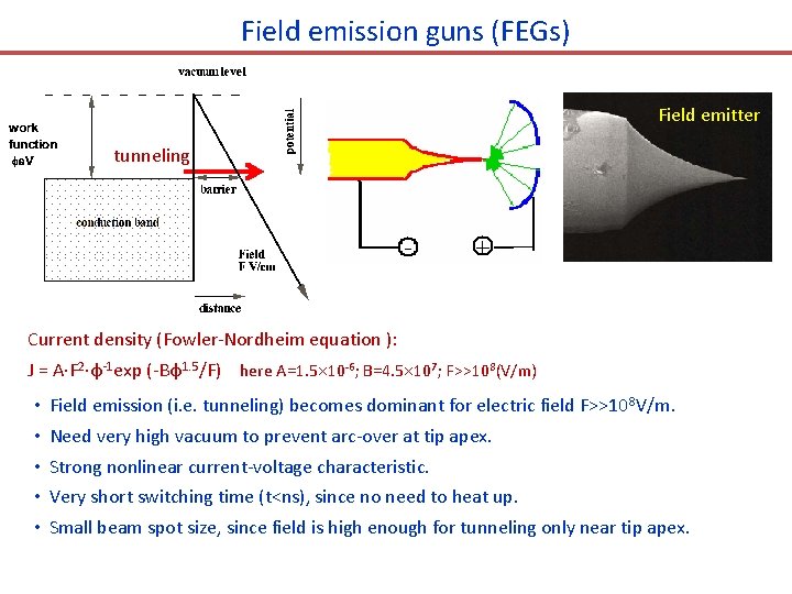 Field emission guns (FEGs) Field emitter tunneling Current density (Fowler-Nordheim equation ): J =