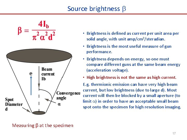 Source brightness e • Brightness is defined as current per unit area per solid