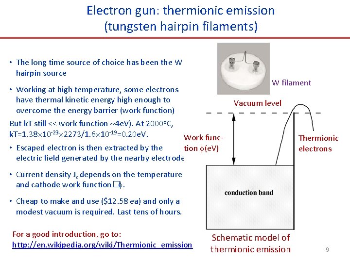Electron gun: thermionic emission (tungsten hairpin filaments) • The long time source of choice
