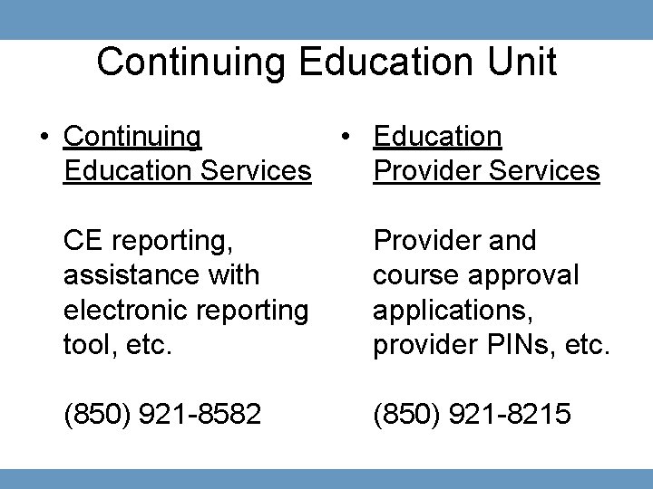 Continuing Education Unit • Continuing • Education Services Provider Services CE reporting, assistance with