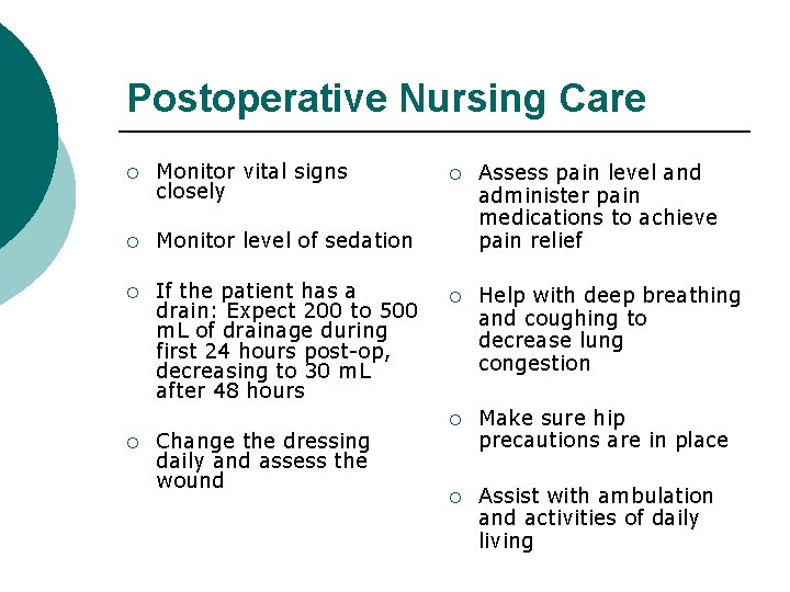 Postoperative Nursing Care ¡ Monitor vital signs closely ¡ Monitor level of sedation ¡