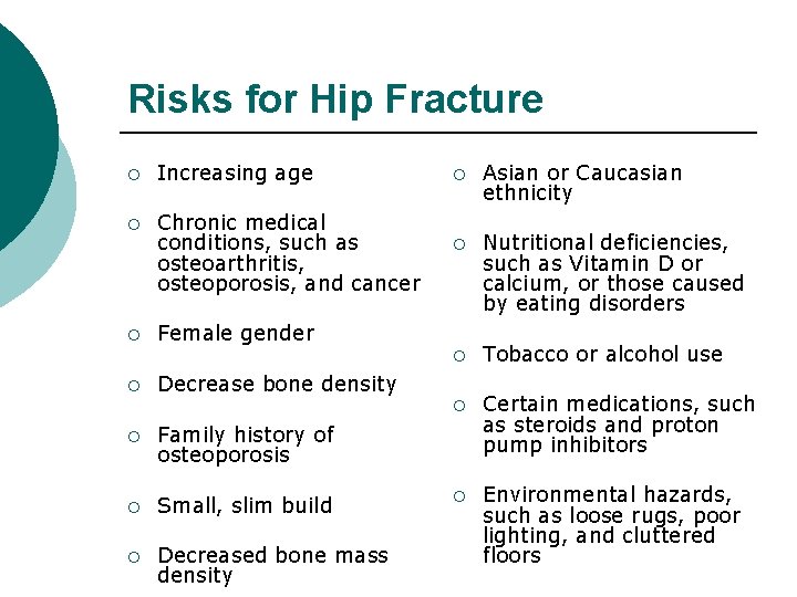 Risks for Hip Fracture ¡ Increasing age ¡ Asian or Caucasian ethnicity ¡ Chronic