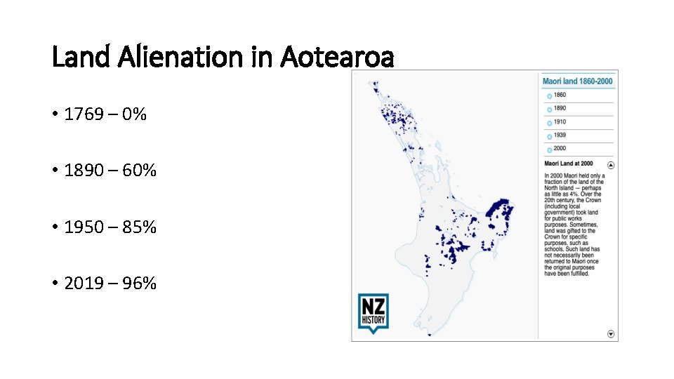 Land Alienation in Aotearoa • 1769 – 0% • 1890 – 60% • 1950