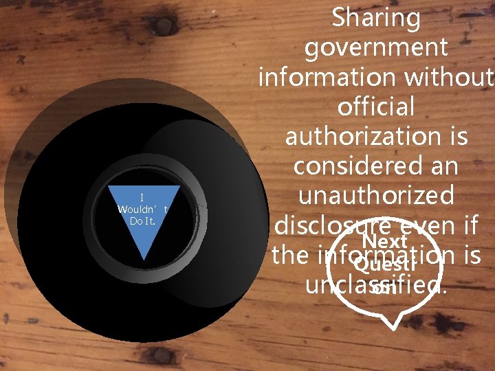 I Wouldn’t Do It. Sharing government information without official authorization is considered an unauthorized