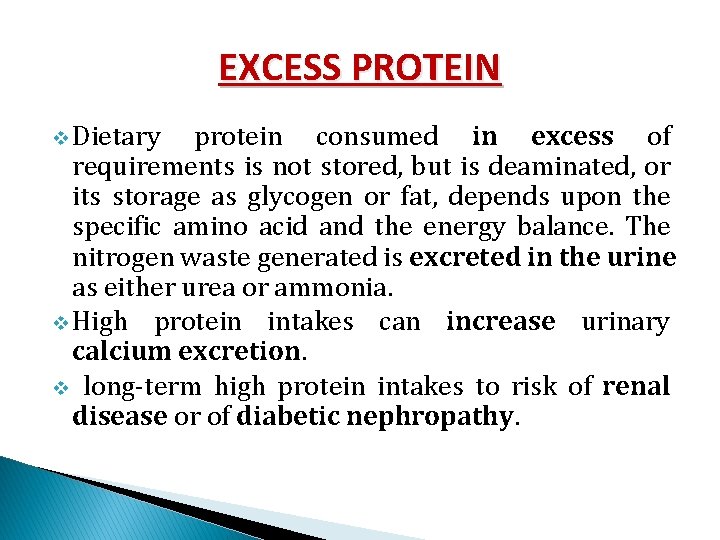 EXCESS PROTEIN v Dietary protein consumed in excess of requirements is not stored, but