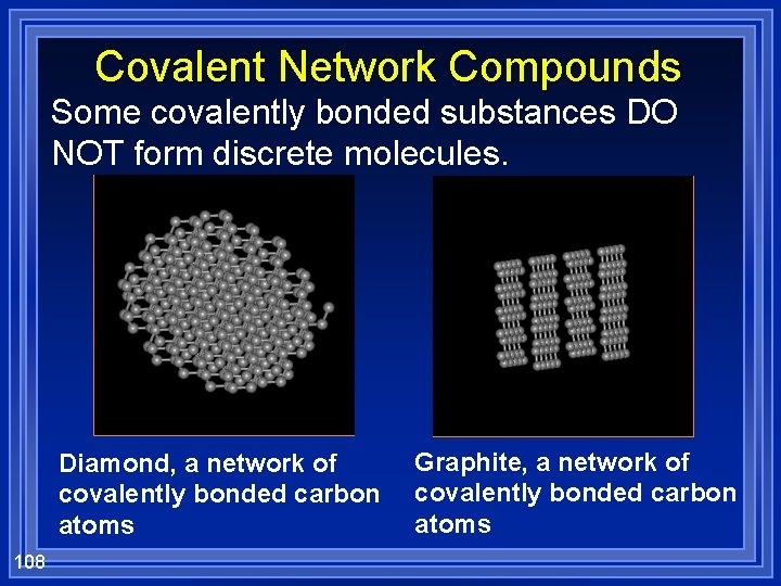 Covalent Network Compounds Some covalently bonded substances DO NOT form discrete molecules. Diamond, a