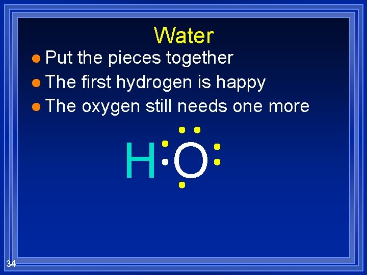 l Put Water the pieces together l The first hydrogen is happy l The