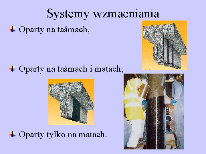 Systemy wzmacniania Oparty na taśmach, Oparty na taśmach i matach; Oparty tylko na matach.