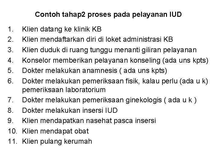 Contoh tahap 2 proses pada pelayanan IUD 1. 2. 3. 4. 5. 6. Klien