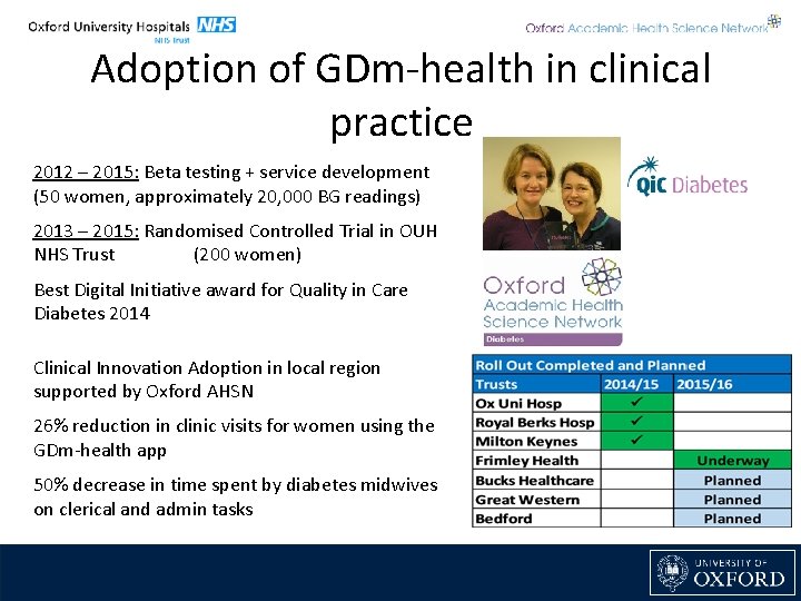 Adoption of GDm-health in clinical practice 2012 – 2015: Beta testing + service development