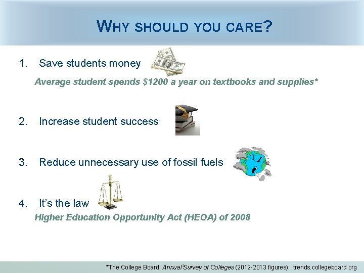 WHY SHOULD YOU CARE? 1. Save students money Average student spends $1200 a year