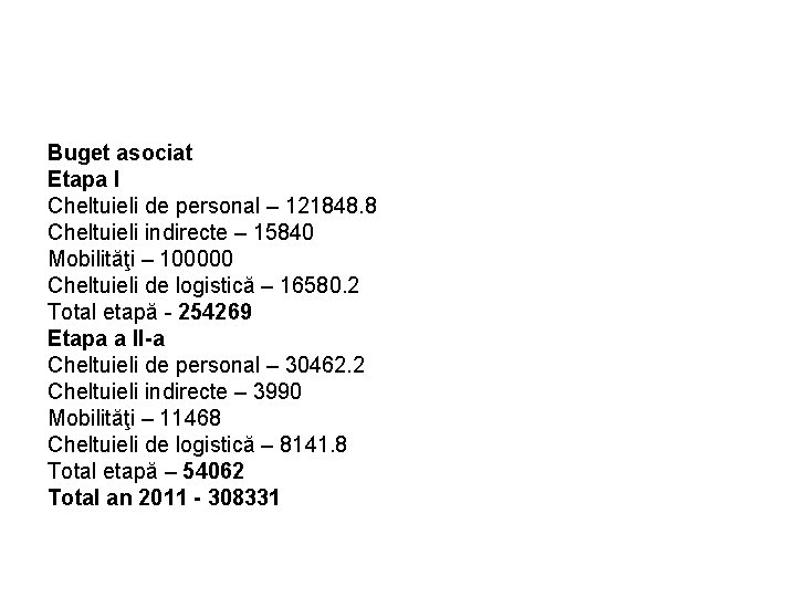 Buget asociat Etapa I Cheltuieli de personal – 121848. 8 Cheltuieli indirecte – 15840