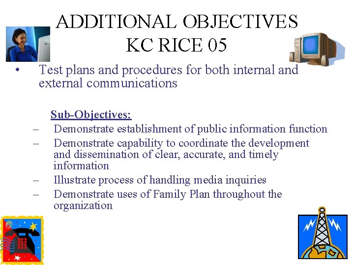 ADDITIONAL OBJECTIVES KC RICE 05 • Test plans and procedures for both internal and