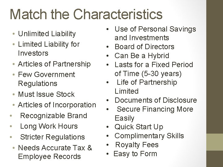 Match the Characteristics • Unlimited Liability • Limited Liability for Investors • Articles of