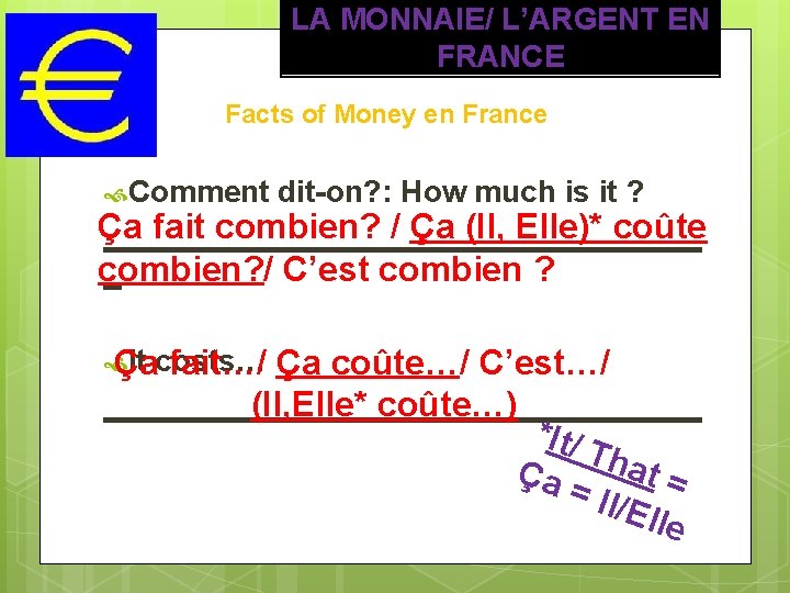 LA MONNAIE/ L’ARGENT EN FRANCE Facts of Money en France Comment dit-on? : How