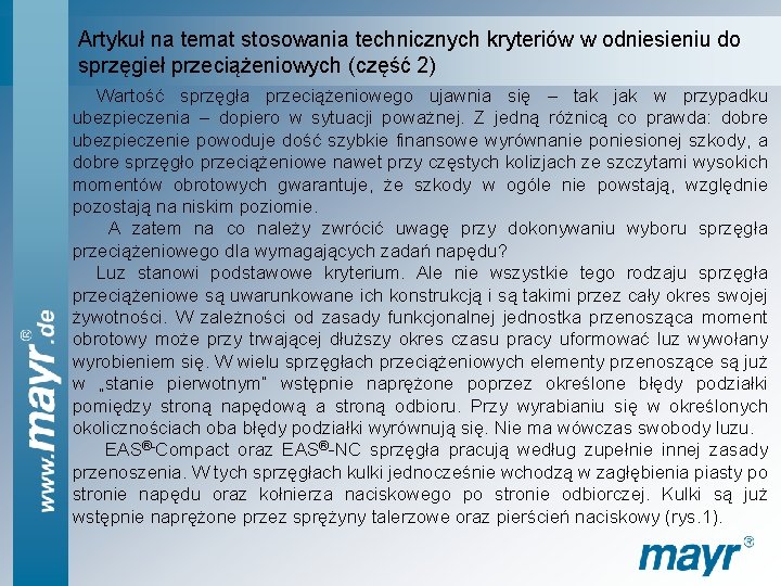 Artykuł na temat stosowania technicznych kryteriów w odniesieniu do sprzęgieł przeciążeniowych (część 2) Wartość