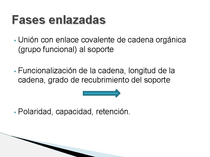 Fases enlazadas • Unión con enlace covalente de cadena orgánica (grupo funcional) al soporte