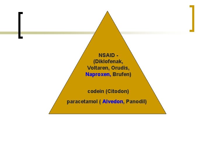 NSAID (Diklofenak, Voltaren, Orudis, Naproxen, Brufen) codein (Citodon) paracetamol ( Alvedon, Panodil) 