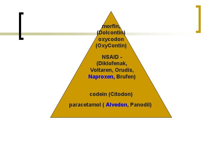 morfin, (Dolcontin) oxycodon (Oxy. Contin) NSAID (Diklofenak, Voltaren, Orudis, Naproxen, Brufen) codein (Citodon) paracetamol