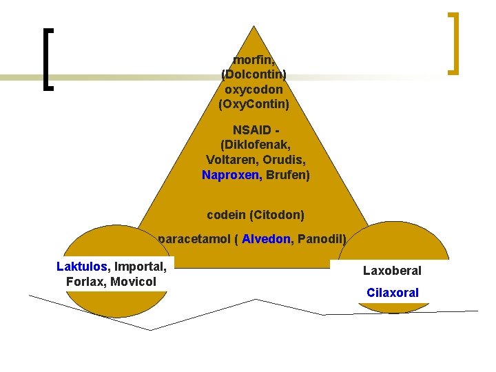 morfin, (Dolcontin) oxycodon (Oxy. Contin) NSAID (Diklofenak, Voltaren, Orudis, Naproxen, Brufen) codein (Citodon) paracetamol