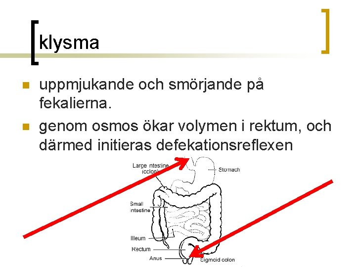 klysma n n uppmjukande och smörjande på fekalierna. genom osmos ökar volymen i rektum,