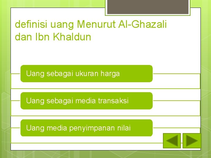 definisi uang Menurut Al-Ghazali dan Ibn Khaldun Uang sebagai ukuran harga Uang sebagai media