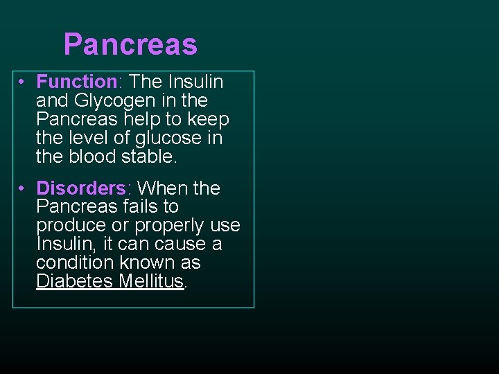 Pancreas • Function: The Insulin and Glycogen in the Pancreas help to keep the