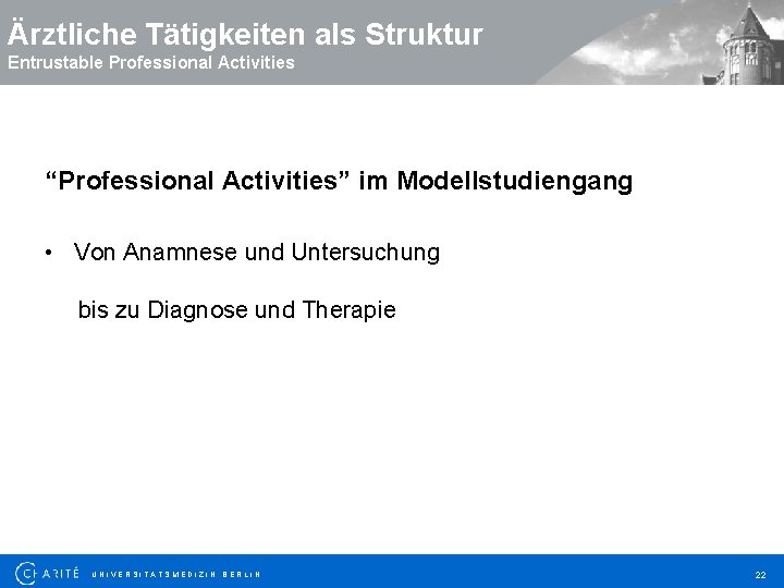 Ärztliche Tätigkeiten als Struktur Entrustable Professional Activities “Professional Activities” im Modellstudiengang • Von Anamnese