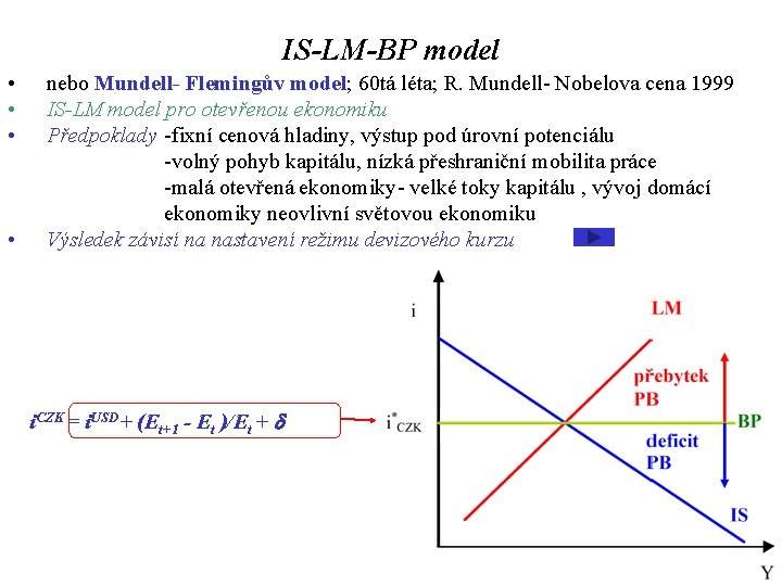 IS-LM-BP model • • nebo Mundell- Flemingův model; 60 tá léta; R. Mundell- Nobelova