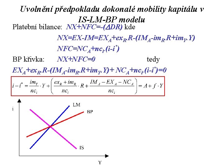 Uvolnění předpokladu dokonalé mobility kapitálu v IS-LM-BP modelu Platební bilance: NX+NFC=-(DDR) kde NX=EX-IM=EXA+ex. R.