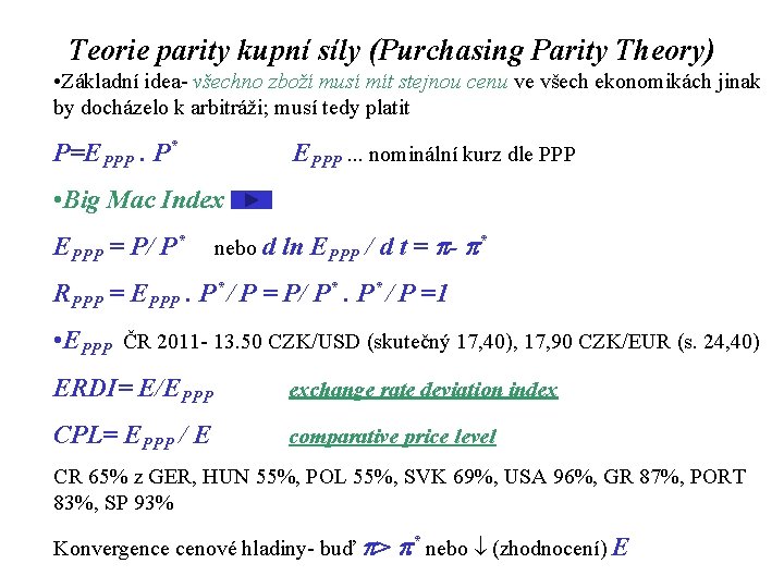 Teorie parity kupní síly (Purchasing Parity Theory) • Základní idea- všechno zboží musí mít